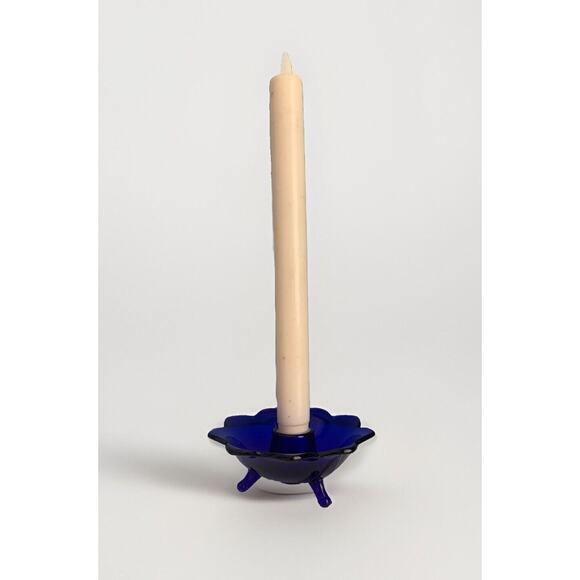 Fenton Cobalt Blue Glass Lotus Candlestick Holder Flower Vintage Home Decor - Picture 1 of 10